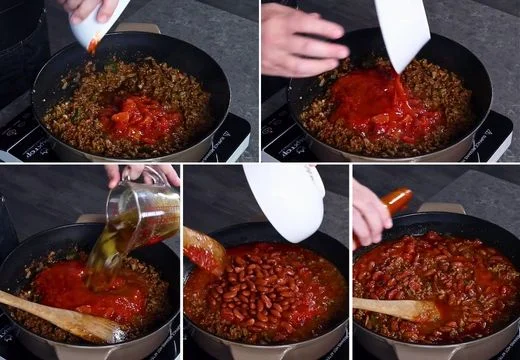 Add the tomatoes, beans, broth, and hot sauce