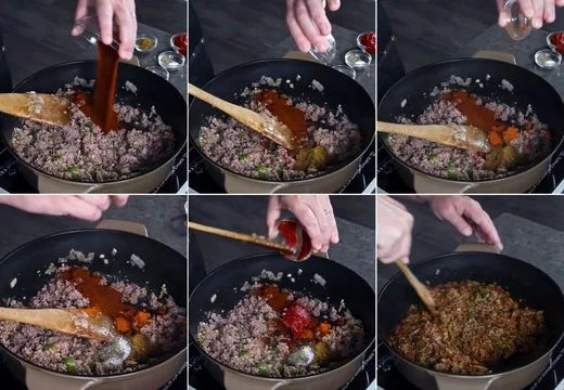 Stir in the spices and tomato paste